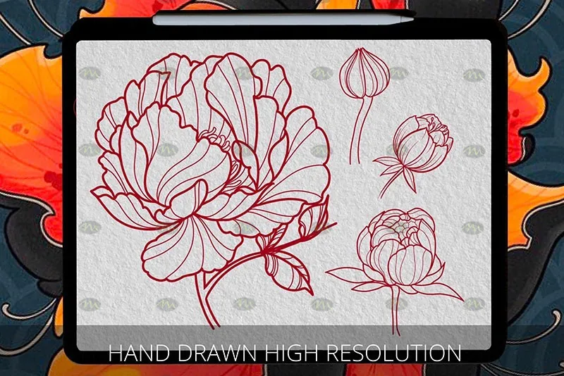 40个牡丹花纹身图案|Procreate笔刷详情图 11