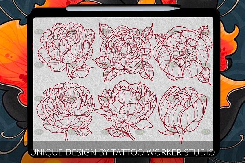 40个牡丹花纹身图案|Procreate笔刷详情图 7