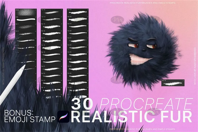 30个卡通emoji表情动物毛发|Procreate笔刷详情图 7