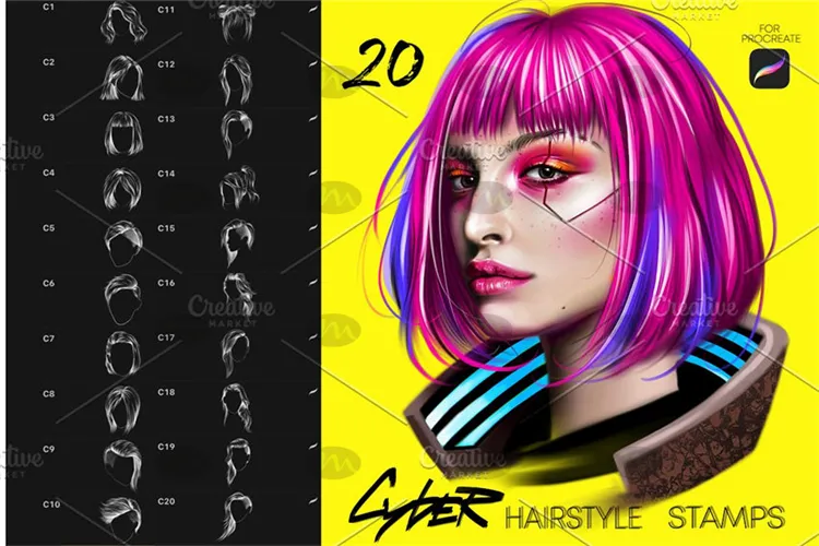 Cyber_20个赛博朋克插画风格头发发型|Procreate笔刷详情图 8