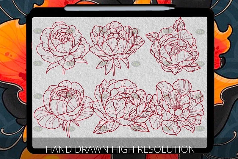 40个牡丹花纹身图案|Procreate笔刷详情图 8