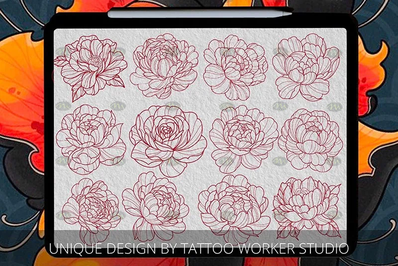 40个牡丹花纹身图案|Procreate笔刷详情图 6