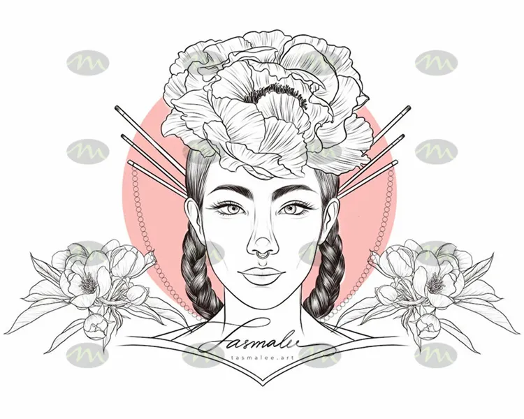 花朵人物国风素描图案|Procreate笔刷详情图 6