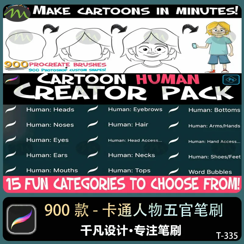 900款卡通人物五官服装造型组合套包|Procreate笔刷