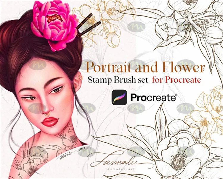 花朵人物国风素描图案|Procreate笔刷详情图 12