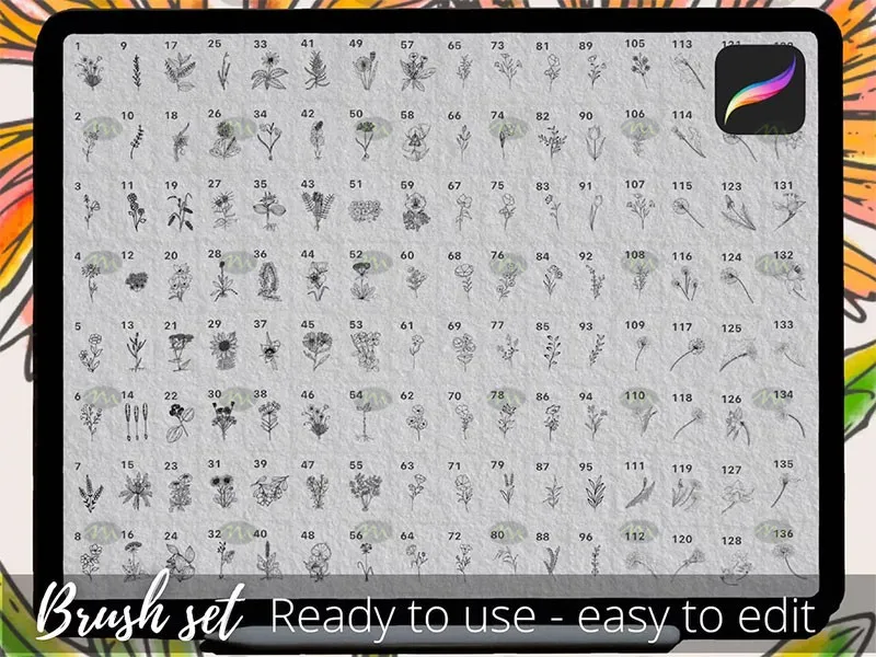 250个花卉手绘线稿|Procreate笔刷详情图 8