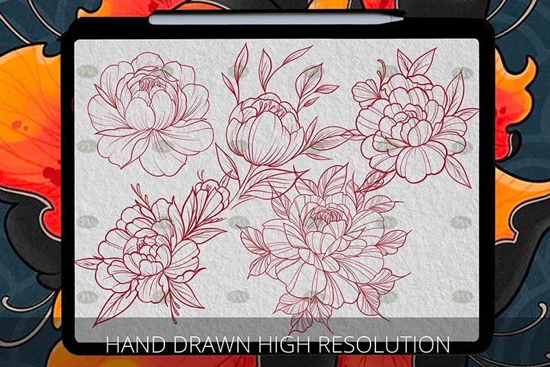 40个牡丹花纹身图案|Procreate笔刷详情图 9