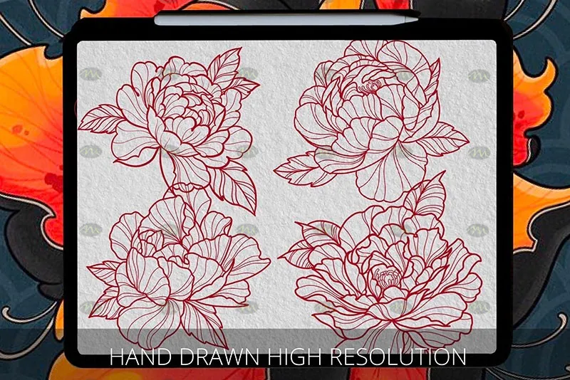 40个牡丹花纹身图案|Procreate笔刷详情图 10