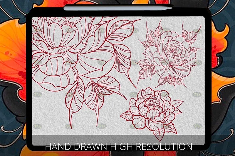 40个牡丹花纹身图案|Procreate笔刷详情图 12