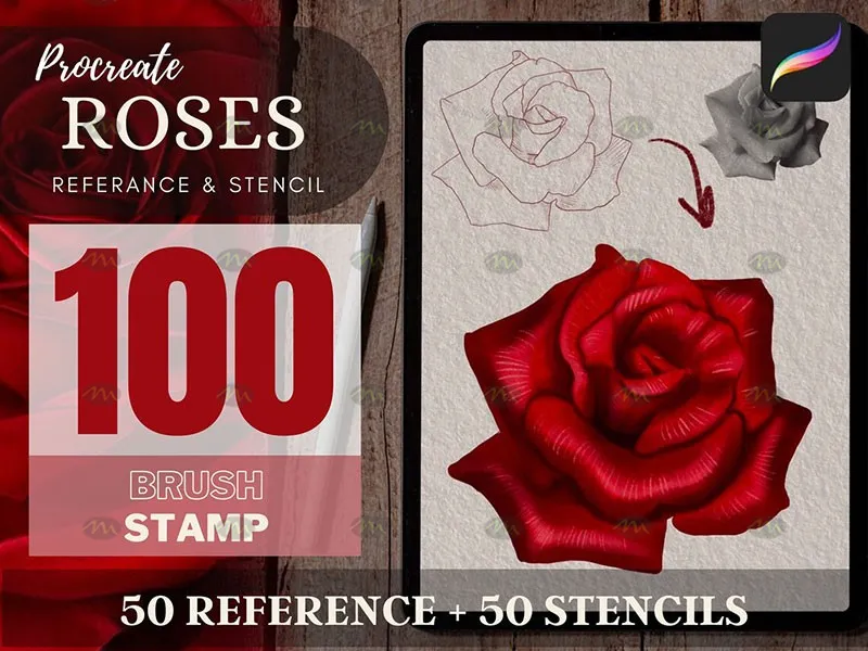100个玫瑰花纹身图案|Procreate笔刷详情图 11